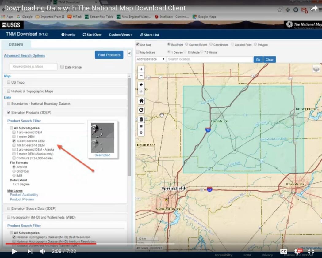 Screen shot, example of The National Map YouTube Video:  Downloading Data with The National Map Download Client