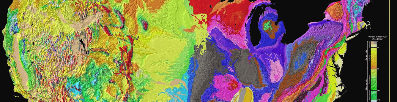 This image shows part of a colorful geologic map of the United States 