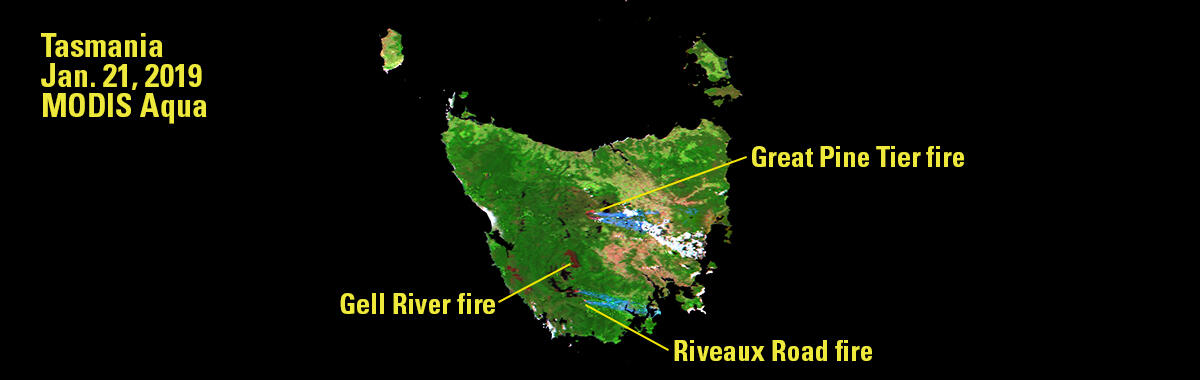 MODIS satellite image of fires in Tasmania