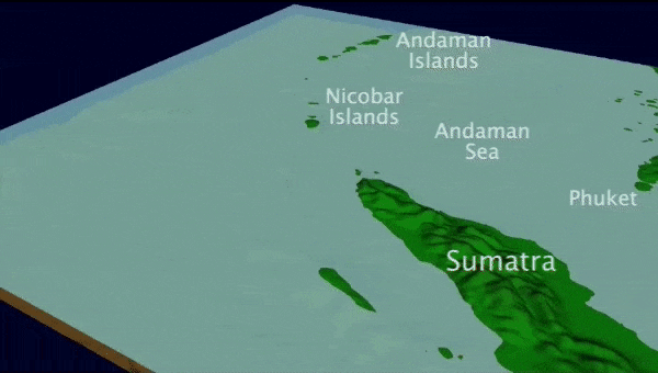 Moving illustration shows the origin and propagation of tsunami waves through the ocean and around islands.