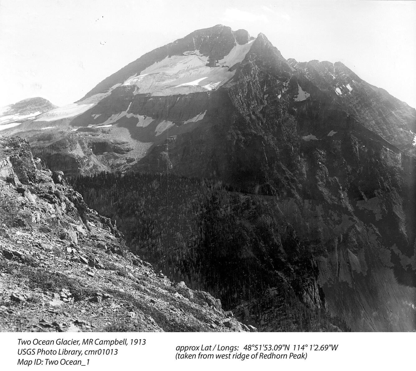 Two-Ocean Glacier in Glacier National Park, circa 1913.  Image 1 of 3.