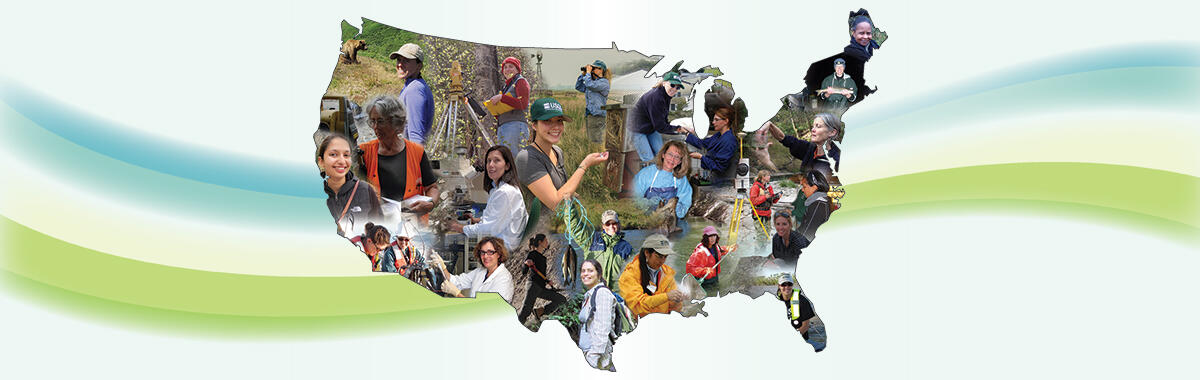 Map of the U.S. with collage of women scientists