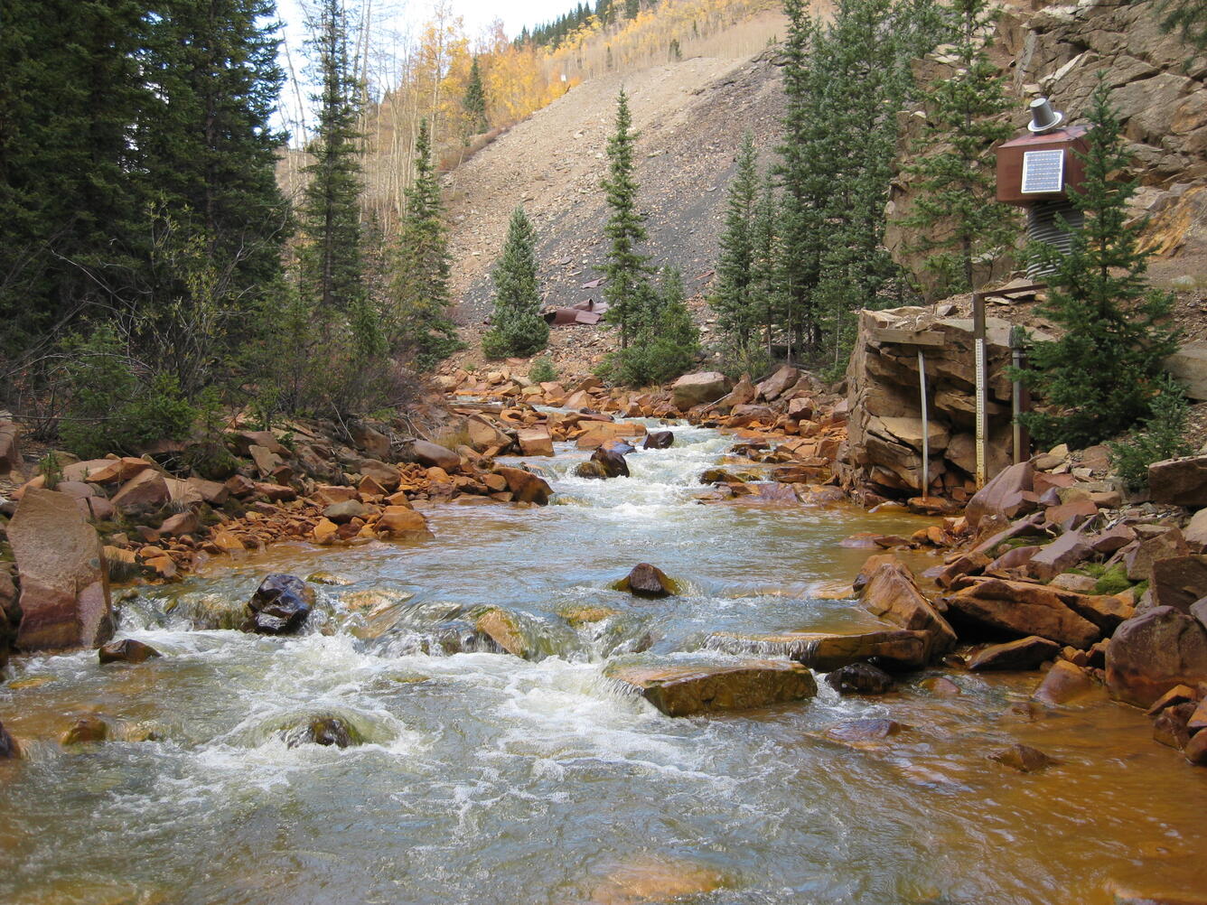 Photo of USGS streamgage 09358550 at Cement Creek at Silverton, Colorado.