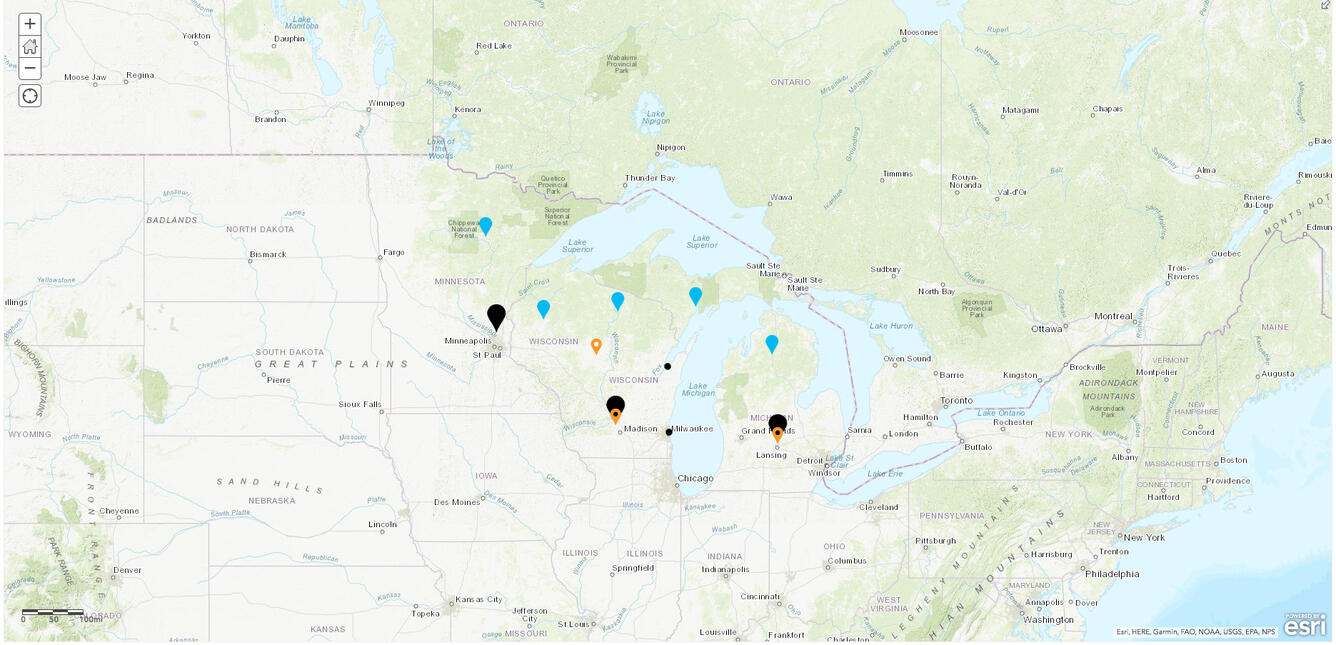 A map showing the locations of Upper Midwest Water Science Center offices and laboratories