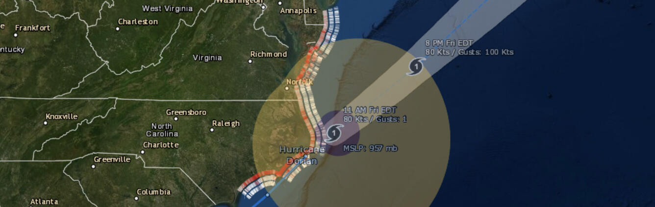 A screenshot of the USGS Coastal Change Hazards portal which shows Hurricane Dorian off the North Carolina coast. 