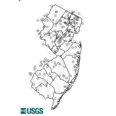 Outline of the State of New Jersey with USGS Streamflow sites noted