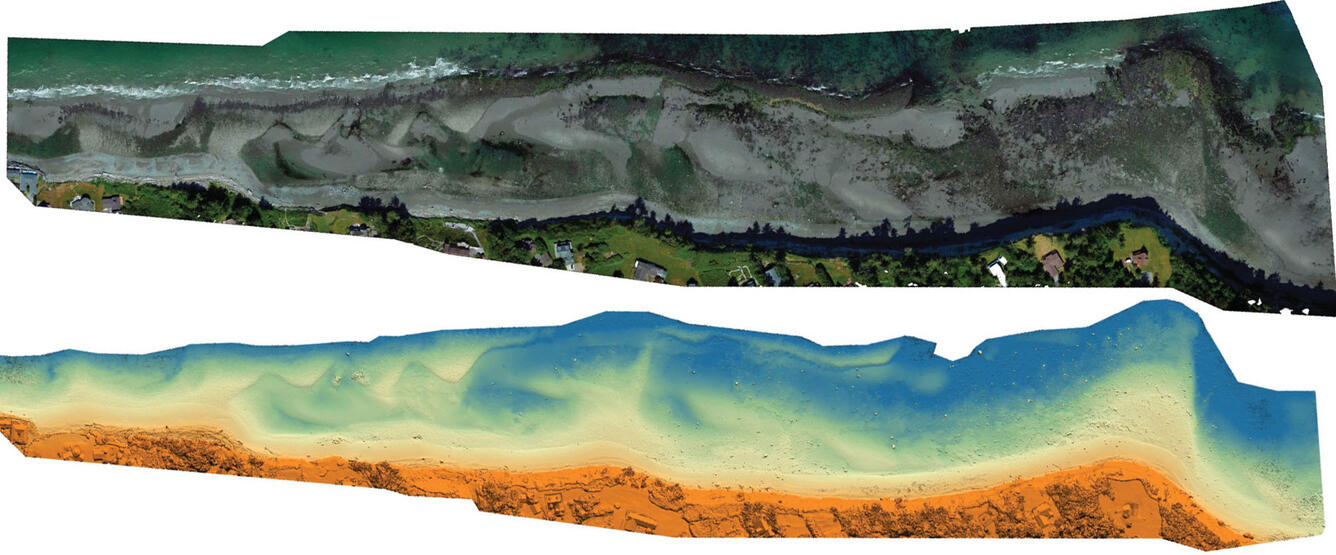 Aerial graphics of a coastal area show details like elevation and ground features.