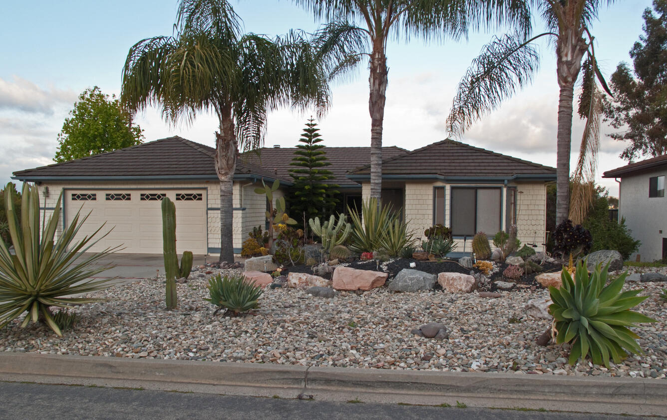 Image shows a front lawn that has been xeriscaped.