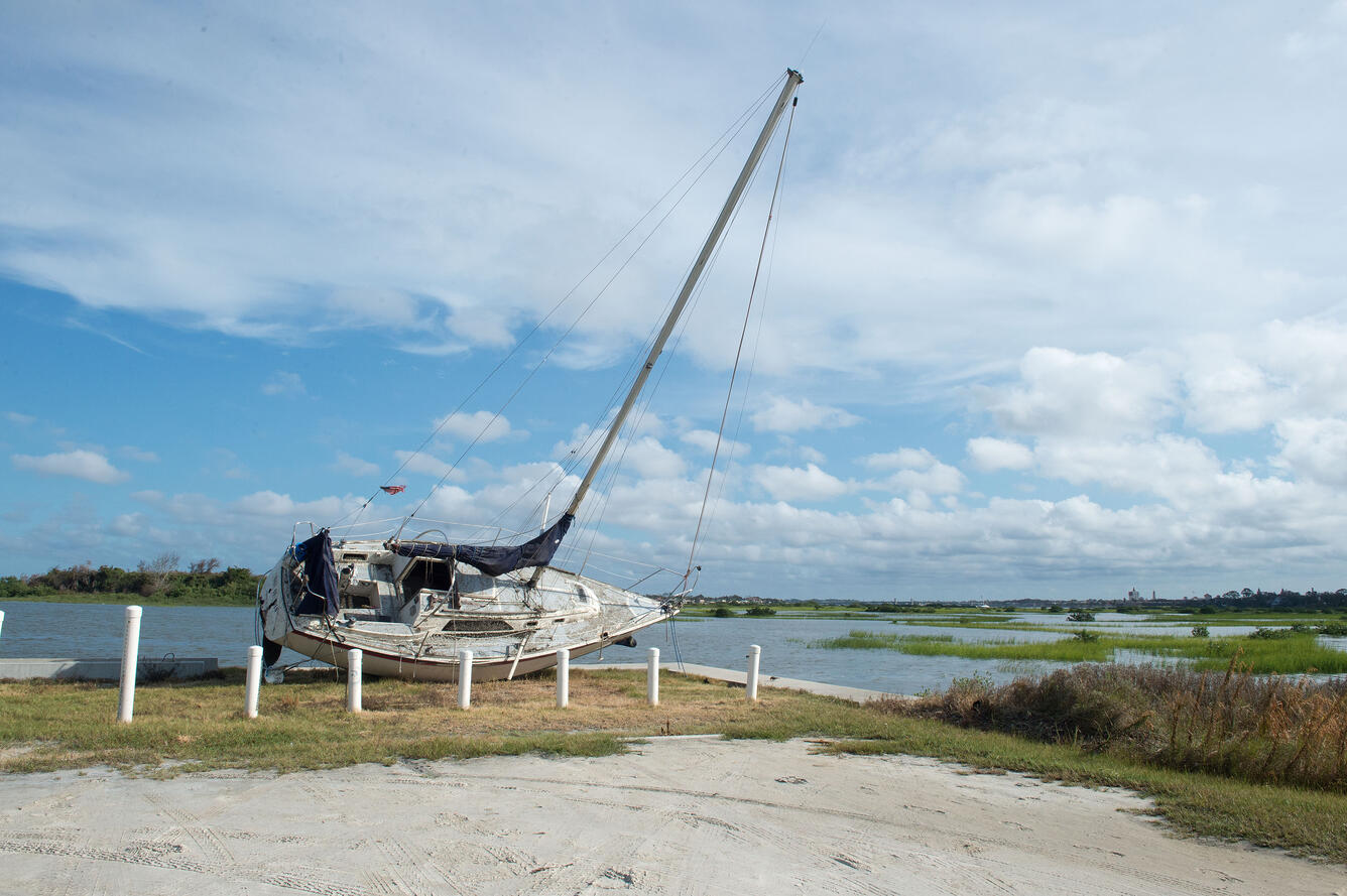Boat thrown onto land from Hurricane Irma's surge at a ramp in St. Augustine, Florida