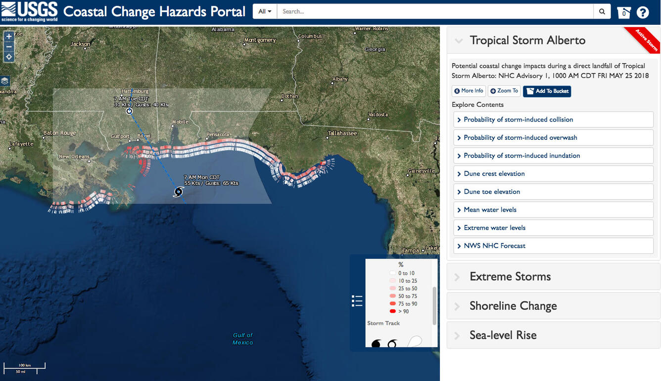 potential coastal change impacts during a direct landfall of Subtropical Storm Alberto based on NHC Advisory 1