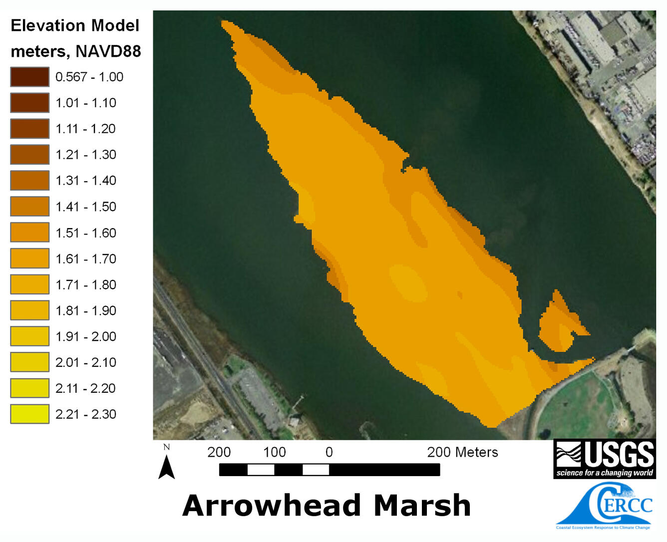Map of the derived elevation data at Arrowhead Marsh