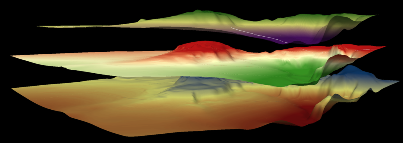 Three-dimensional view of the top of the Minnelusa aquifer, top of the Madison aquifer, and bottom of the Madison aquifer