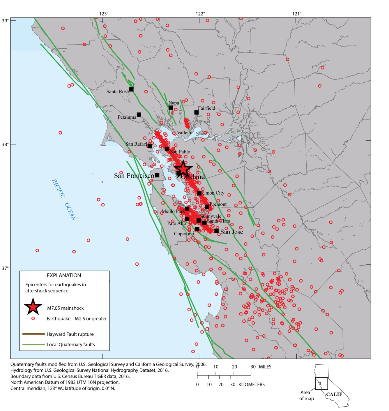 Map of SF Bay region showing earthquake aftershocks