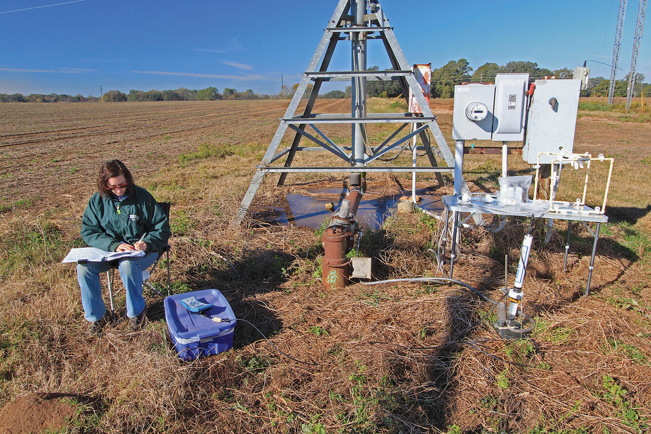 USGS scientist taking a measurement at a groundwater well study site