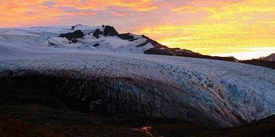 Photograph of the Wolverine Glacier, Kenai Mountains, Alaska taken at sunrise in the fall of 2013.