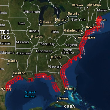 Screenshot of east coast of united states highlighting coastal change hazard area