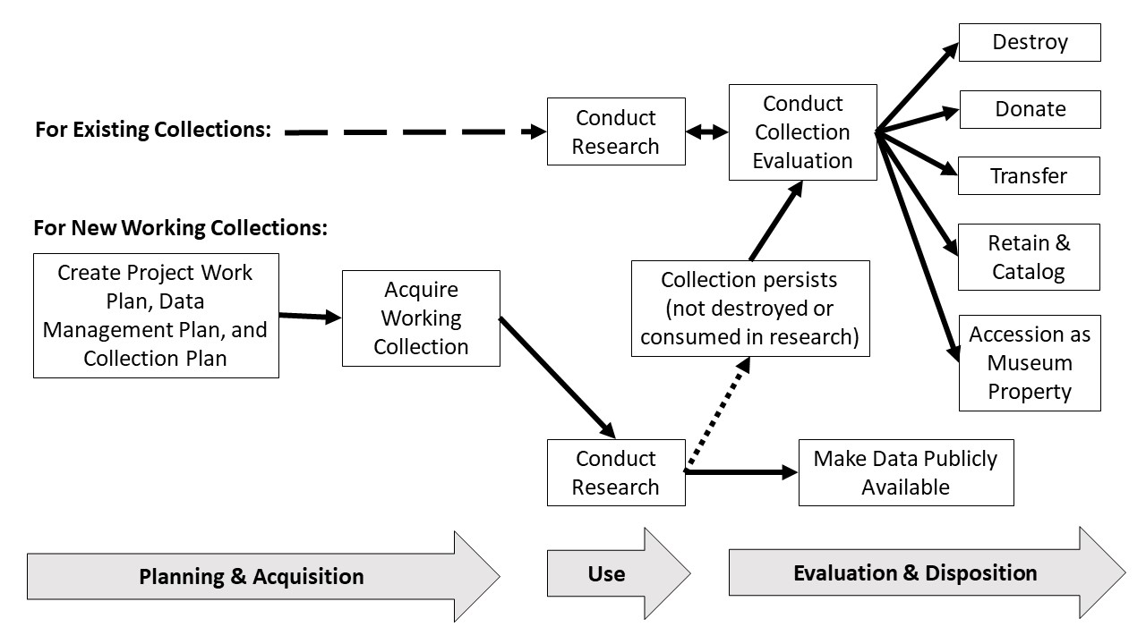 This figure shows the primary steps in the workflow for existing and new working collections within the USGS.