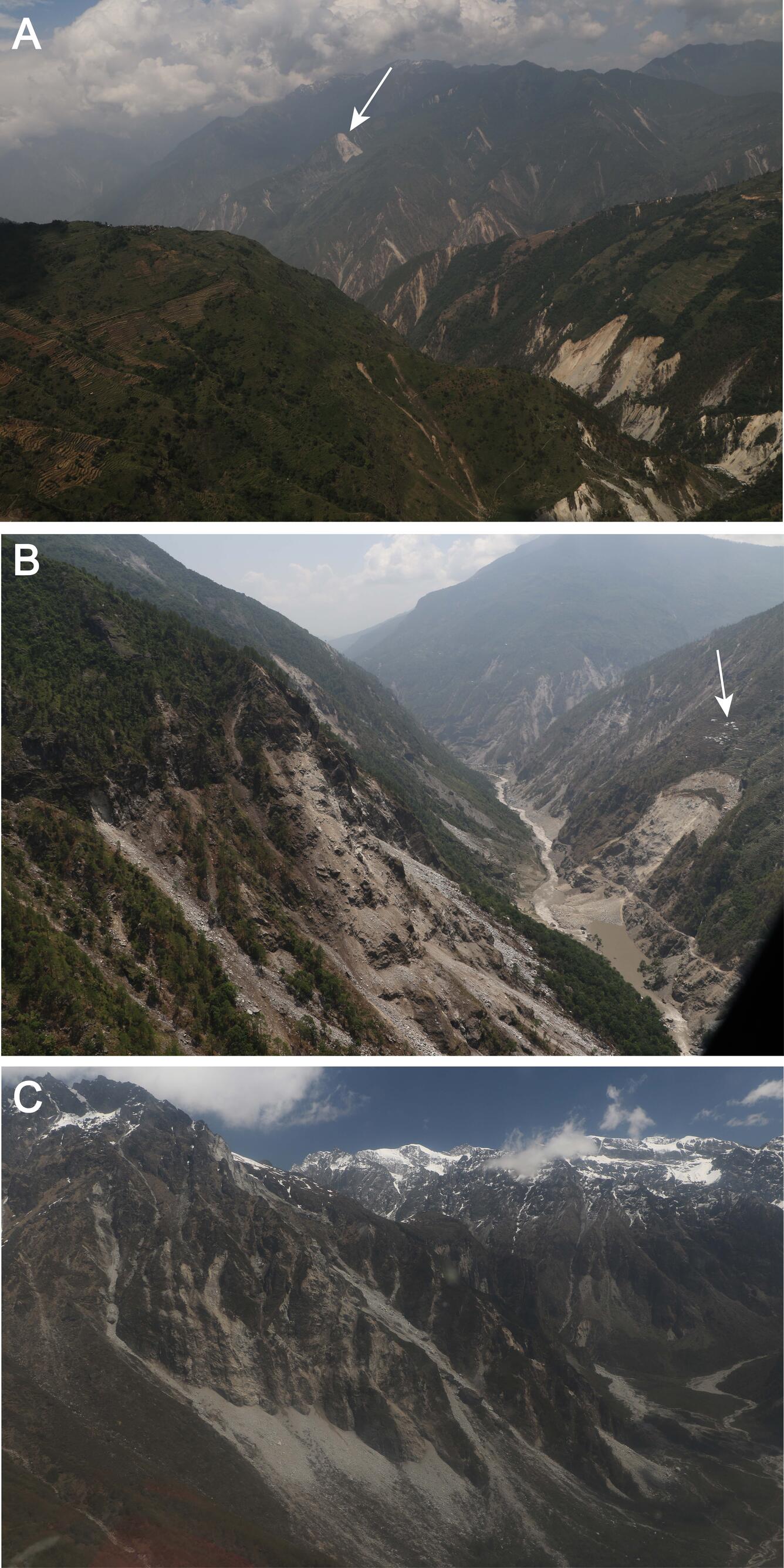 Aerial photographs showing landslides triggered by the April and May 2015 Gorkha earthquake sequence in central Nepal.