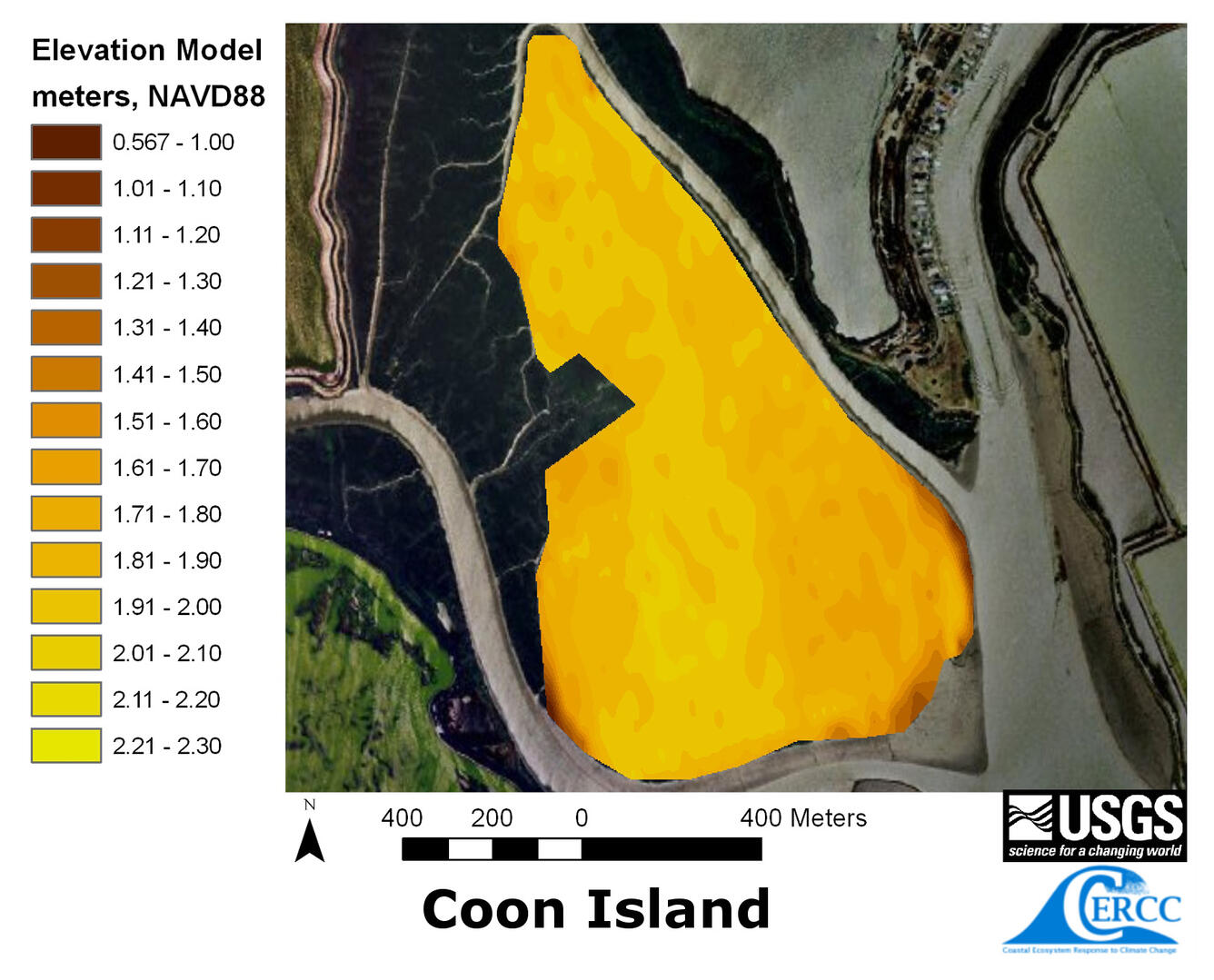 WERC Map of the derived elevation data at Coon Island Marsh