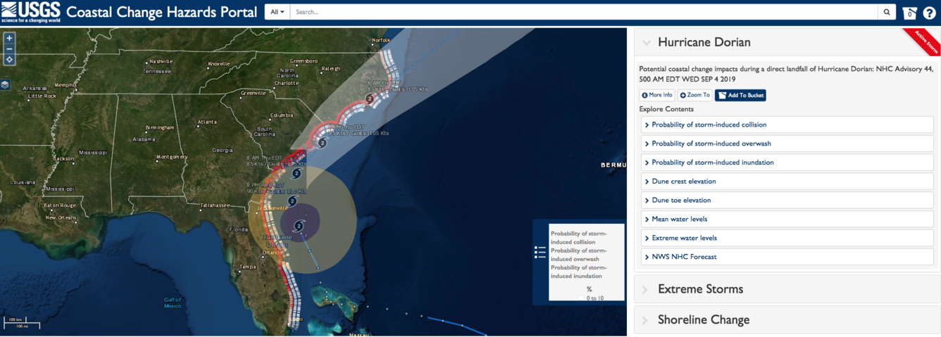 Screenshot from the USGS Coastal Change Hazards Portal showing Hurricane Dorian and current position as of 9/4/2019