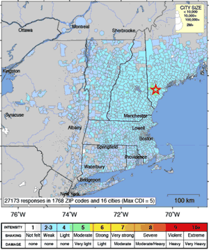 Did You Feel It? map for the southern Maine earthquake of October 16, 2012. The red star indicated the earthquake epicenter.