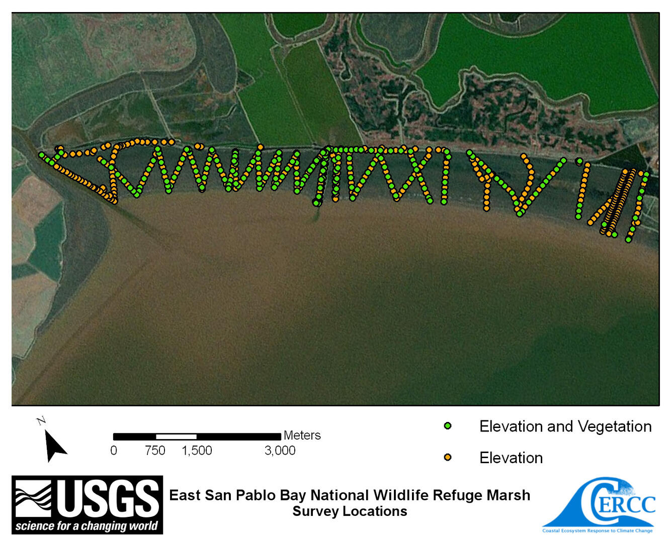 WERC Map of elevation sampling point locations at the East San Pablo Bay Marsh