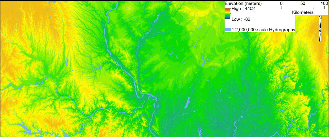 100-m resolution elevation model of section of Eastern Great Plains