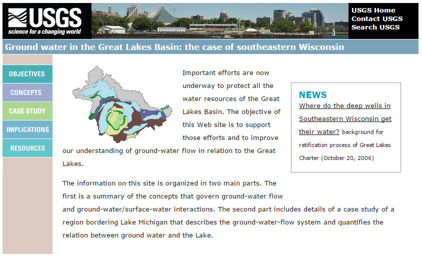 Screenshot of the homepage of the "Ground water in the Great Lakes Basin: the case of southeastern Wisconsin" archived website