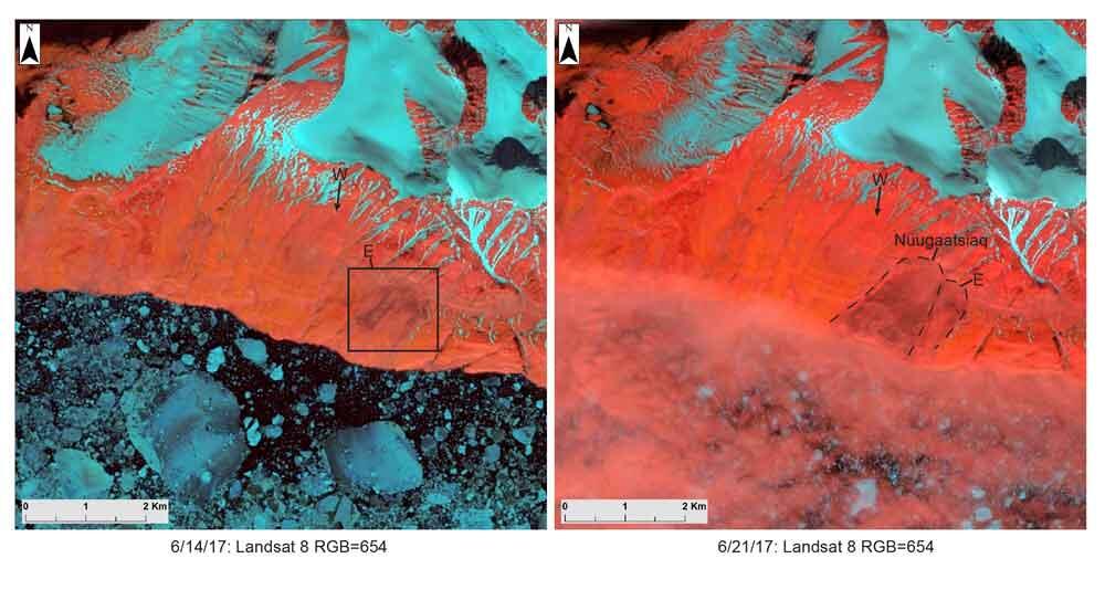 Pre- (6/14/17) and post-event (6/21/17) Landsat 8 false color images (RGB=654) of the Nuugaatsiaq Landslide.