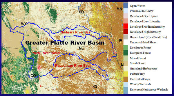 Location of the Greater Platte River Basin (inside the blue outline) and the land cover types as identified in the National Land