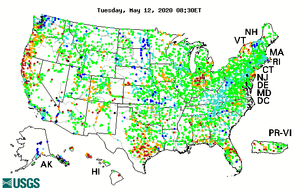 Map of streamgage levels across the U.S. 