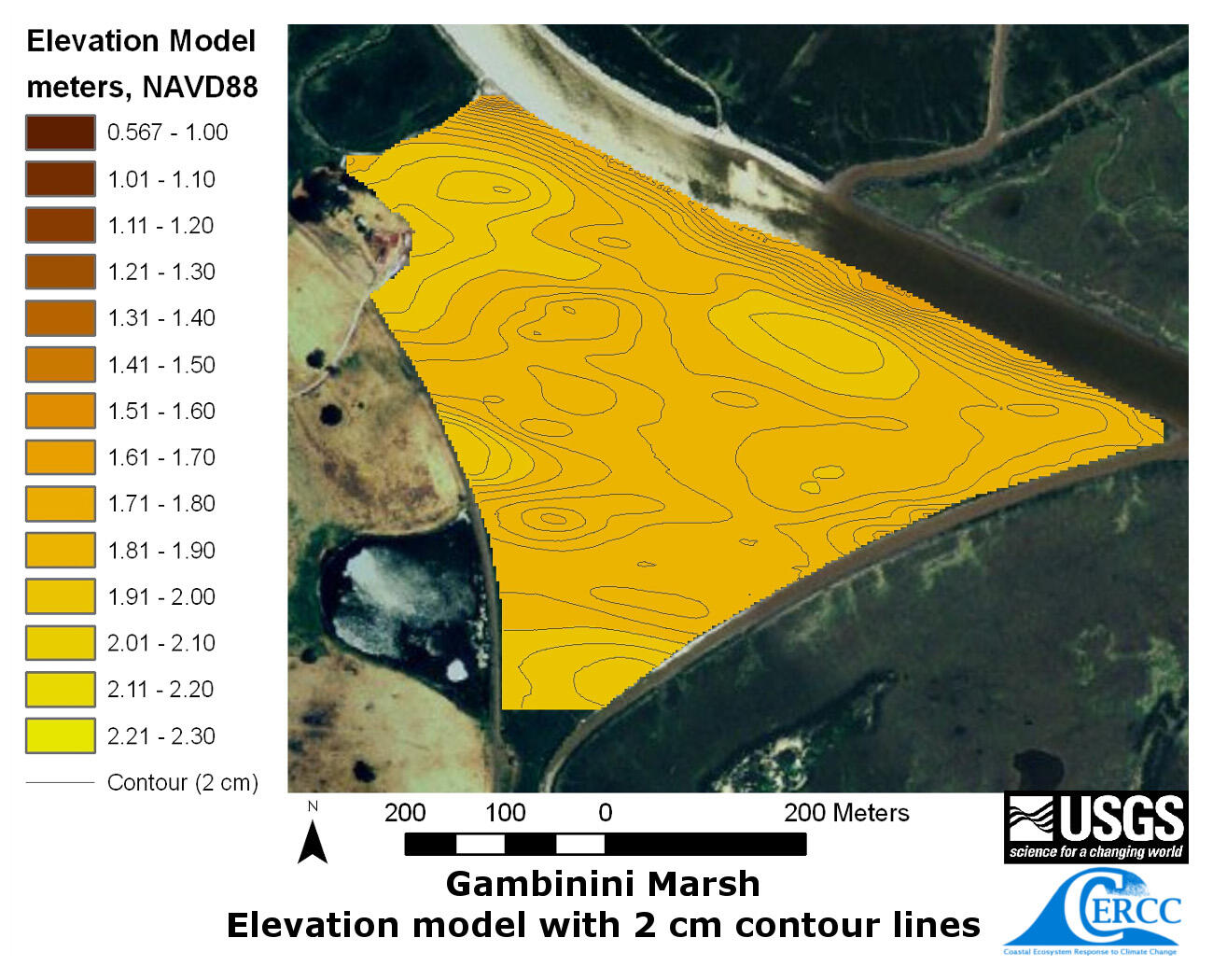 WERC Map of the derived elevation data at Gambinini Marsh with 2 cm contour lines