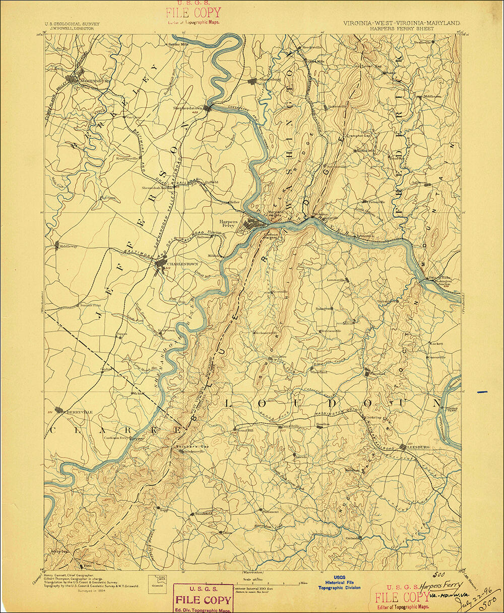 1894 USGS 30 minute quadrangle of the Harpers Ferry, Maryland area.