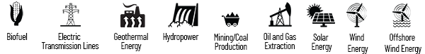 Icons for biofuel, transmission lines, geothermal, hydropower, mining, oil and gas extraction, and wind energy