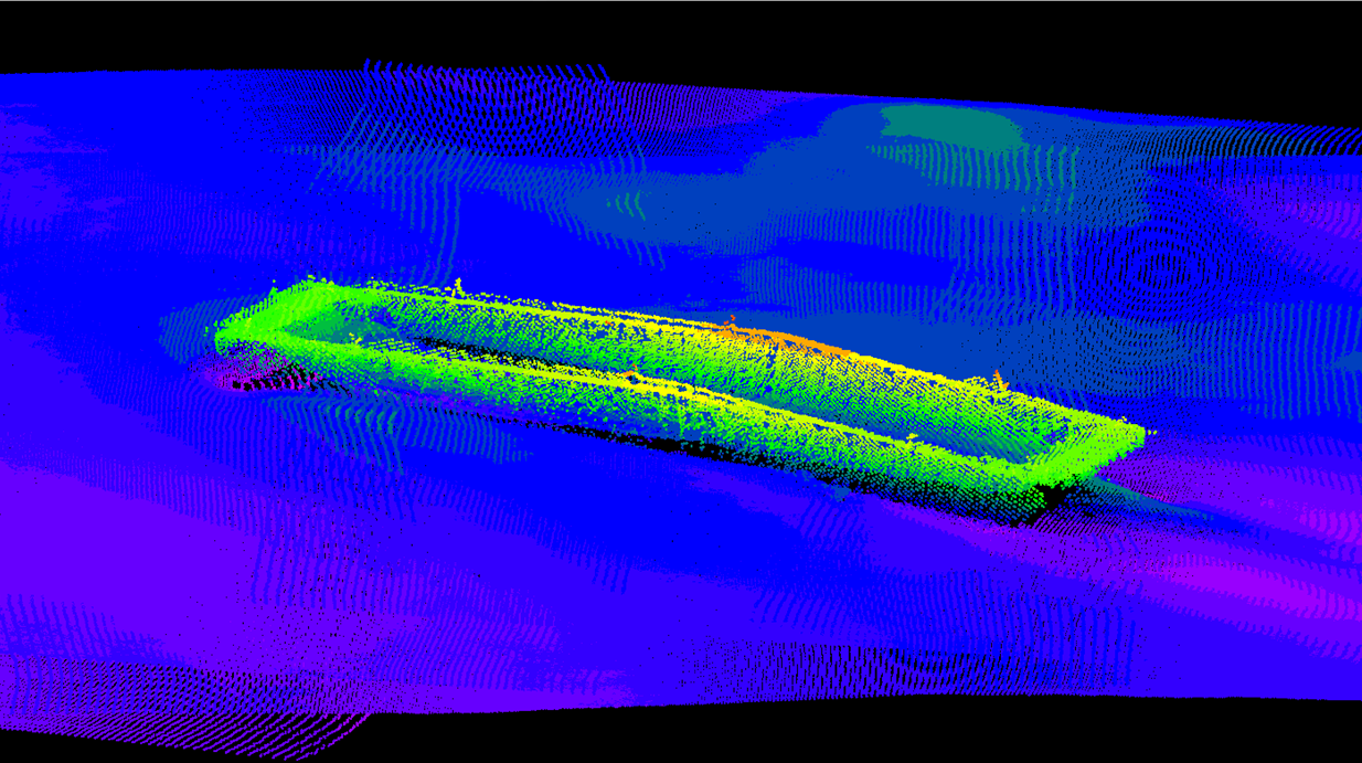 Sunken barge on the bed of the Ohio River as imaged with the IN-KY multi-beam bathymetry system
