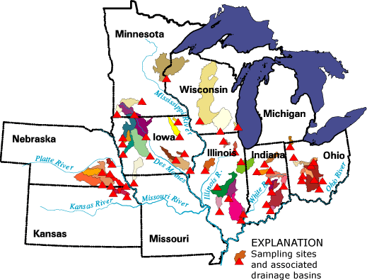 Herbicide reconnaissance sampling sites and drainage basins.