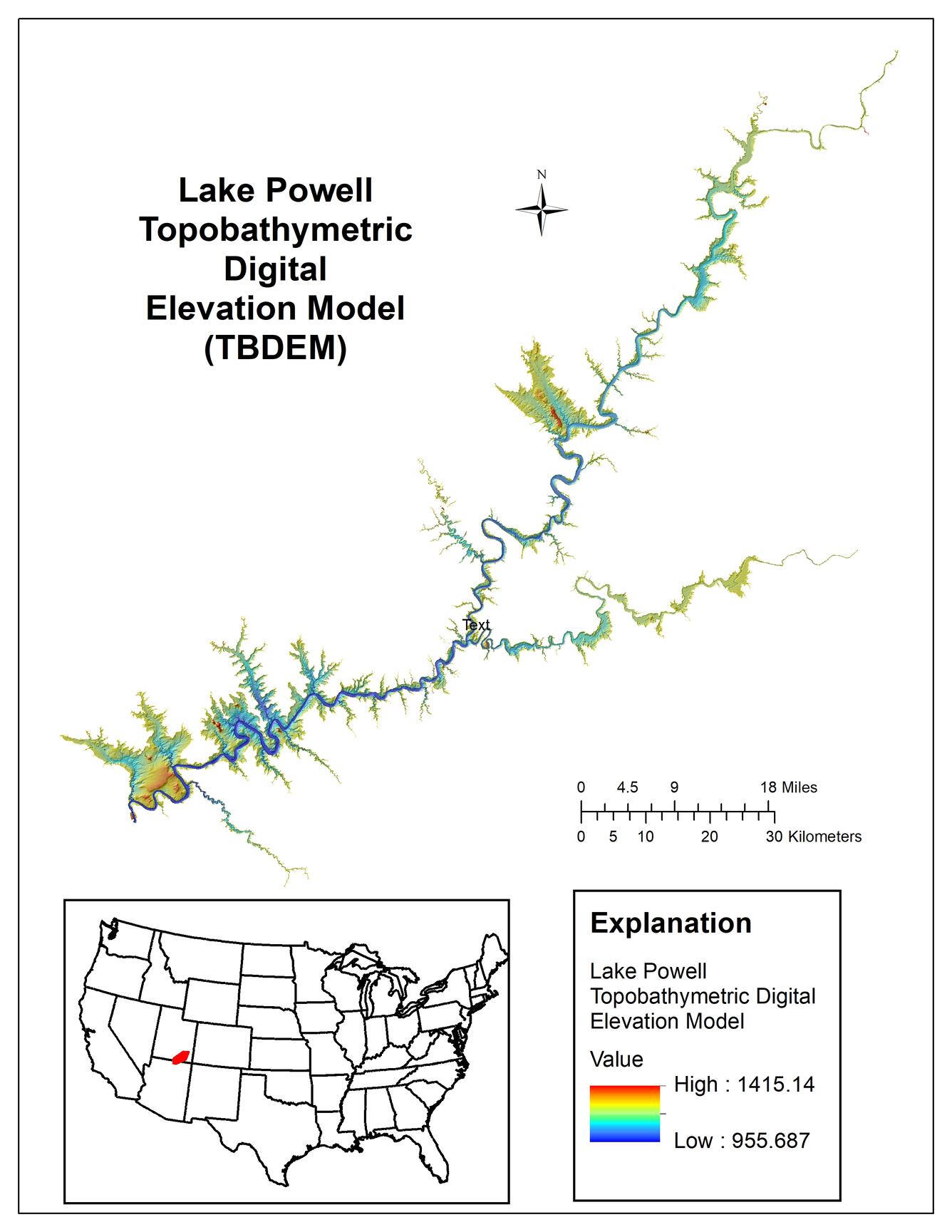 Color graphic of Lake Powell topobathymetric digital elevation model