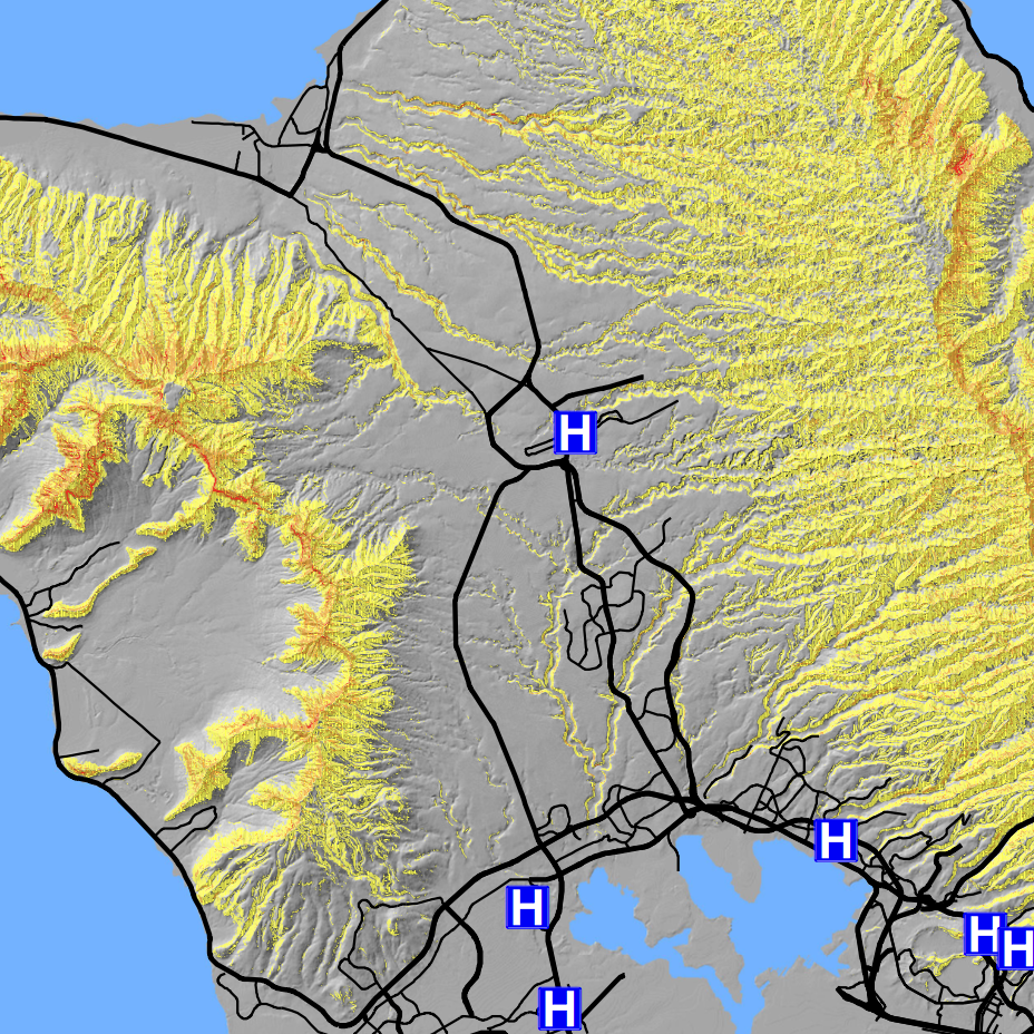 screenshot of part of Oahu map with yellow and orange colors where landslides could occur