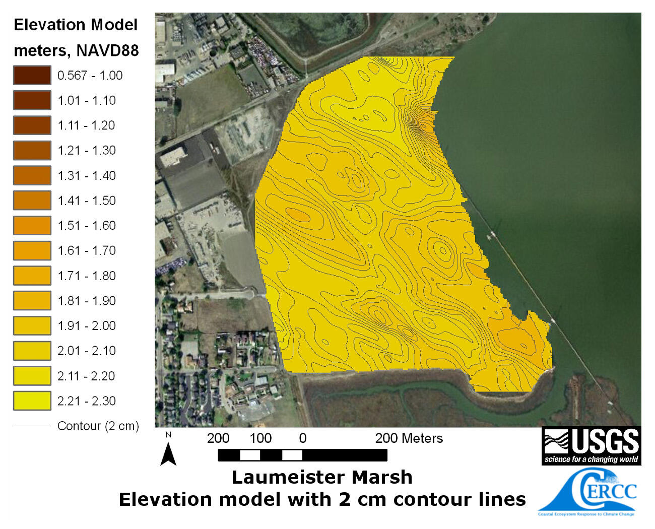 Map of the derived elevation data at Laumeister Marsh with 2 cm contour lines