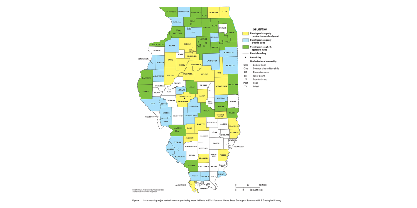 Illinois mineral commodity producing areas map from 2014 Minerals Yearbook