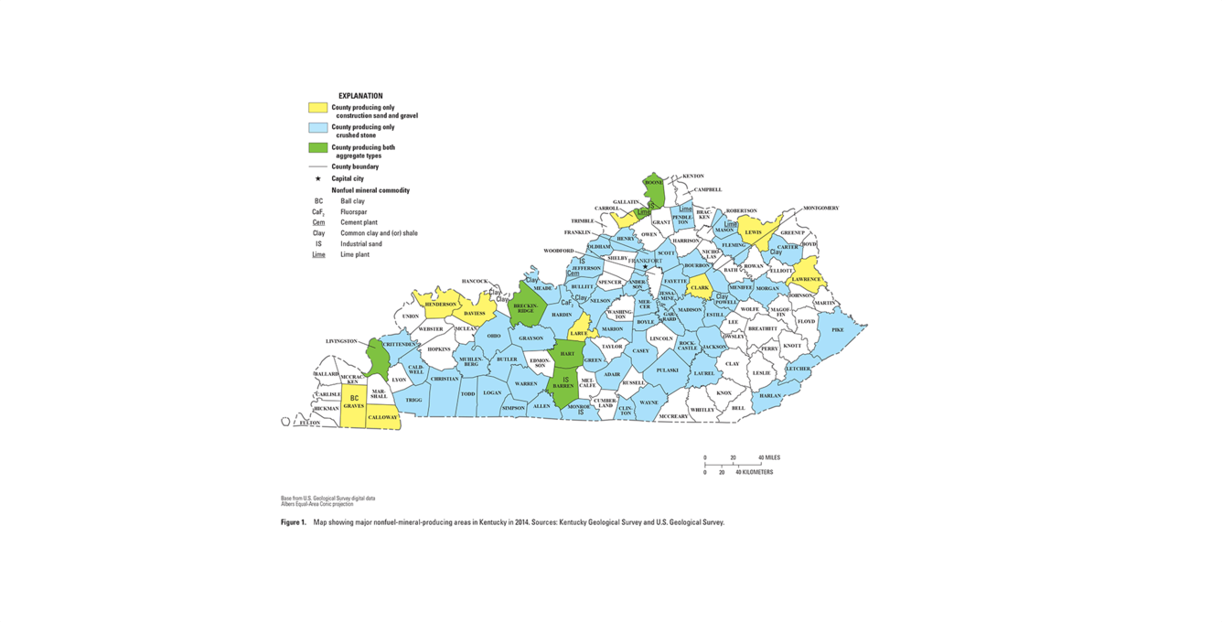 Kentucky mineral commodity producing areas map from 2014 Minerals Yearbook