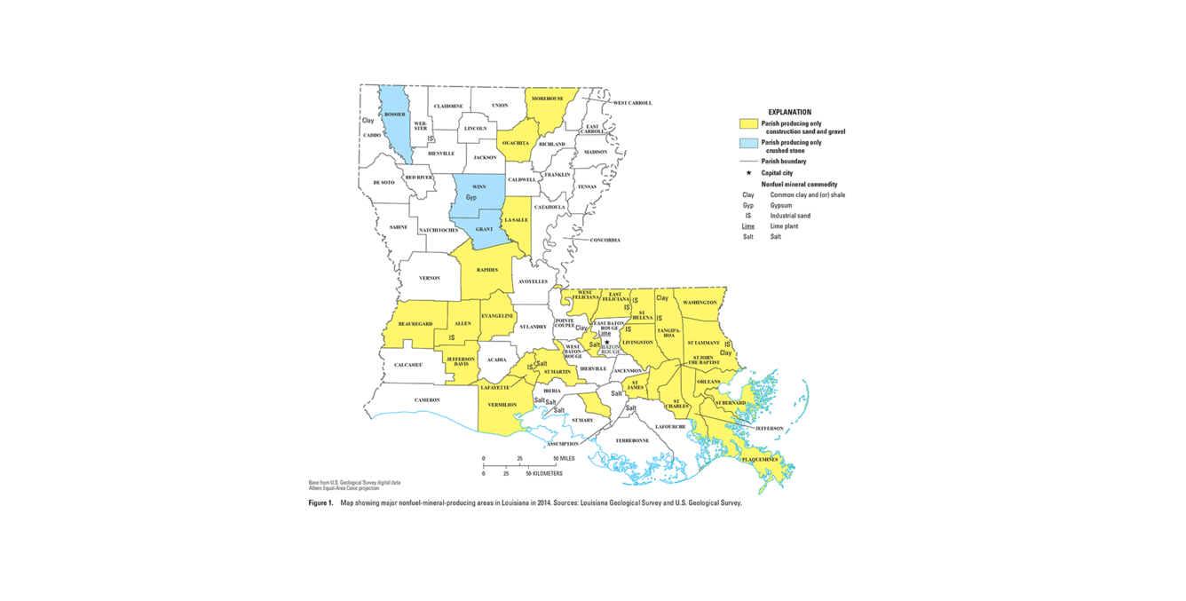 Louisiana mineral commodity producing areas map from 2014 Minerals Yearbook