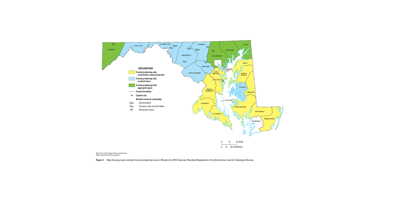 Maryland mineral commodity producing areas map from 2014 Minerals Yearbook