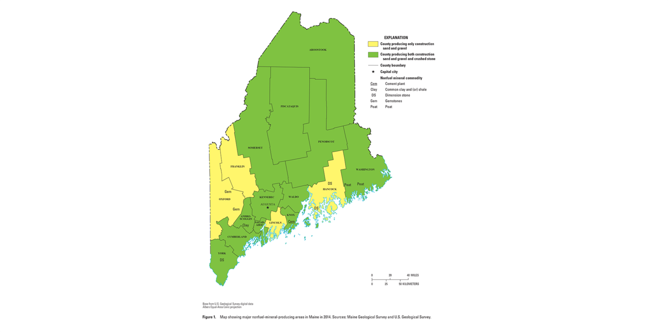 Maine mineral commodity producing areas map from 2014 Minerals Yearbook