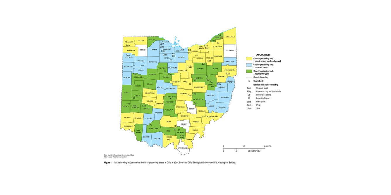 Ohio mineral commodity producing areas map from 2014 Minerals Yearbook