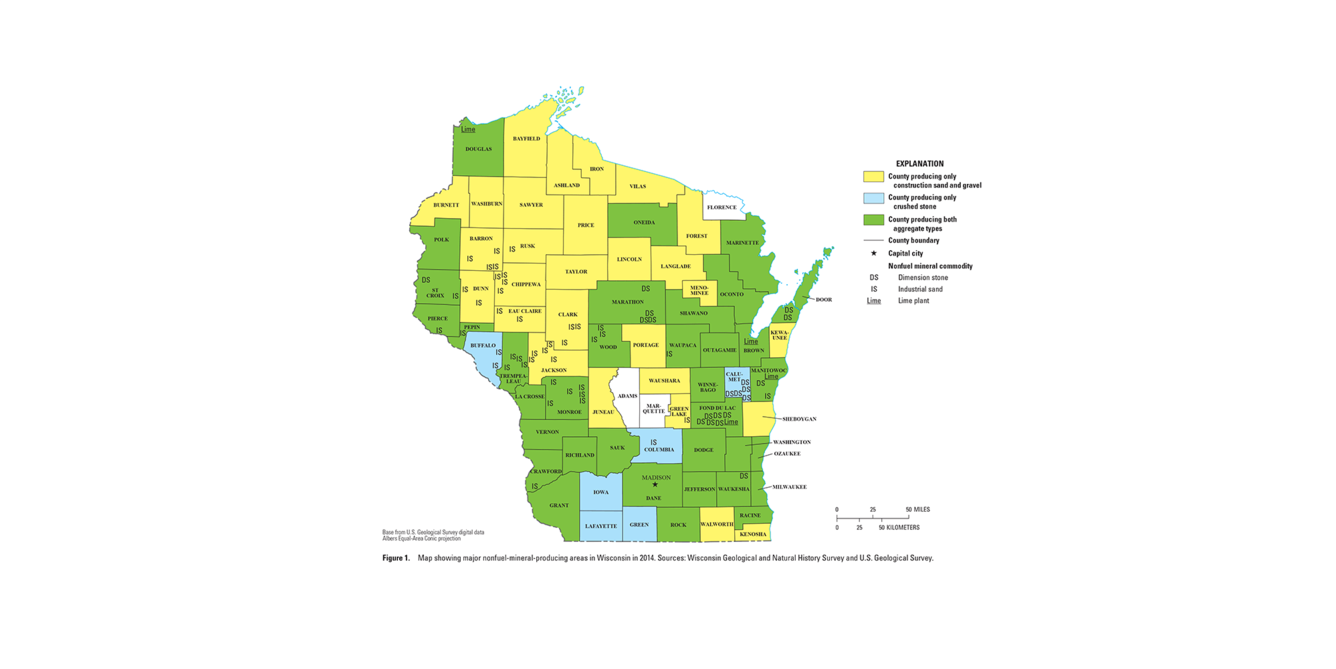 Wisconsin mineral commodity producing areas map from 2014 Minerals Yearbook