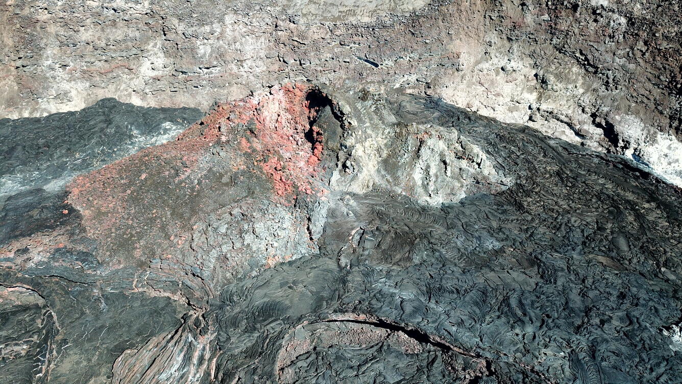 A close-up Unoccupied Aircraft Systems (UAS) photo of the inactive western fissure within Halema‘uma‘u