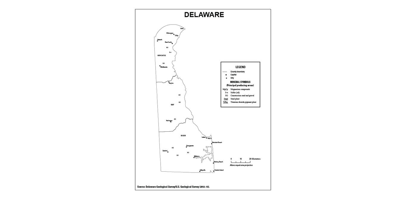 Screenshot of Delaware  mineral commodity producing areas map from 2012-2013 Minerals Yearbook