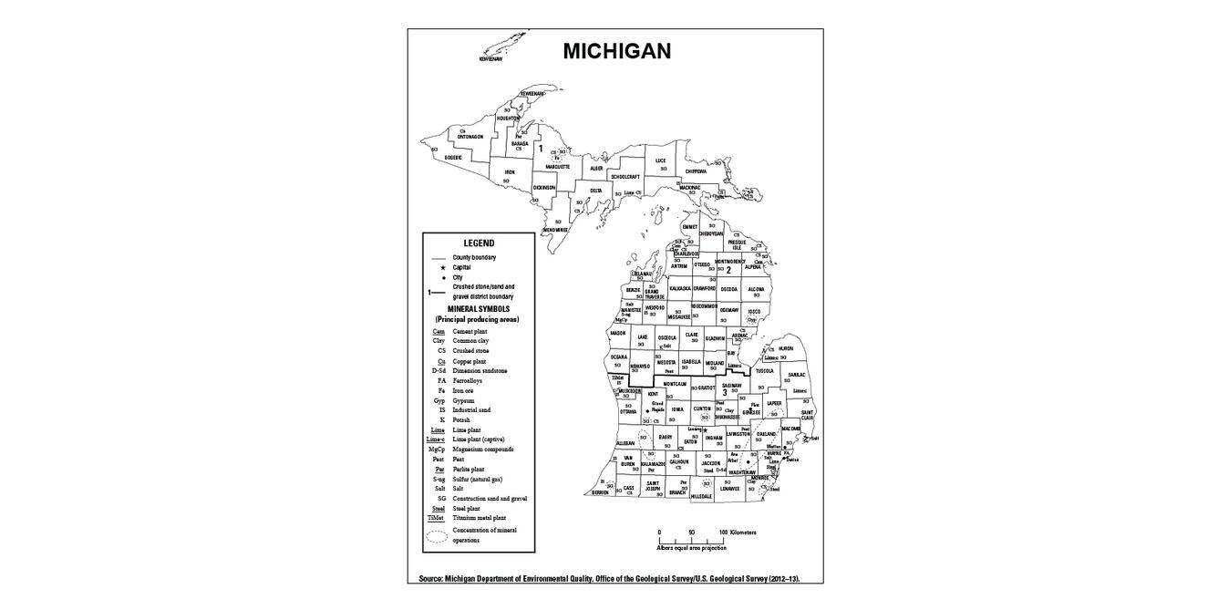 Screenshot of Michigan mineral commodity producing areas map from 2012-2013 Minerals Yearbook