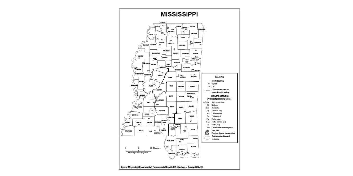 Screenshot of Mississippi mineral commodity producing areas map from 2012-2013 Minerals Yearbook